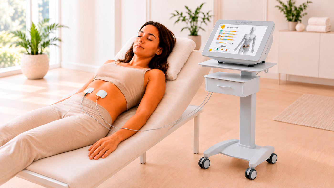 Eine Frau ruht entspannt auf einer Behandlungsliege. Elektroden sind am Bauch angebracht, daneben steht das Frequency First Gerät.
